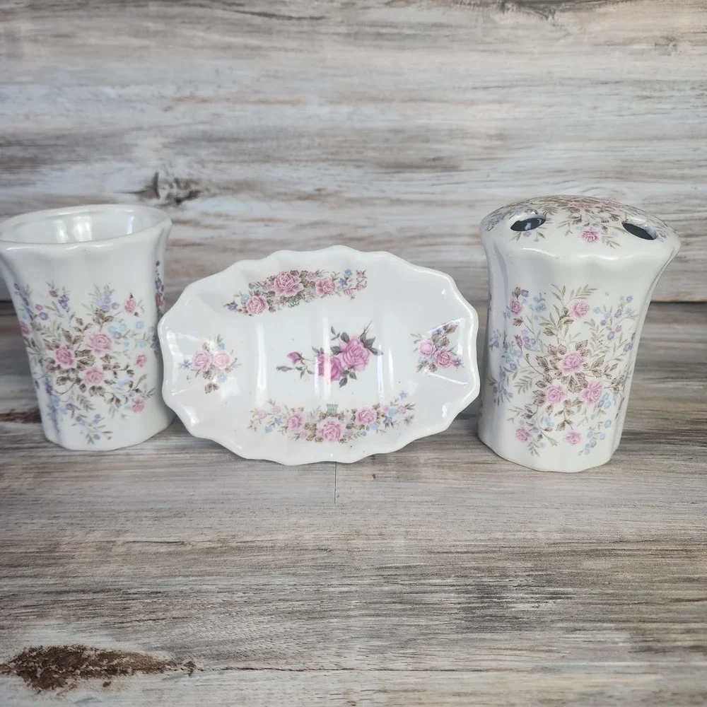 Vintage Ceramic Floral Bathroom‎ Set 3pc Soap Dish Tumbler Toothbrush Holder New